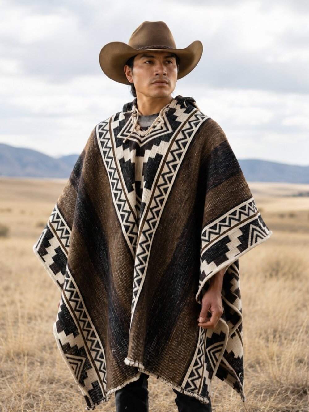 Handwoven Unisex Native American Hooded Wool Poncho - 100% Wool Pullover Coat